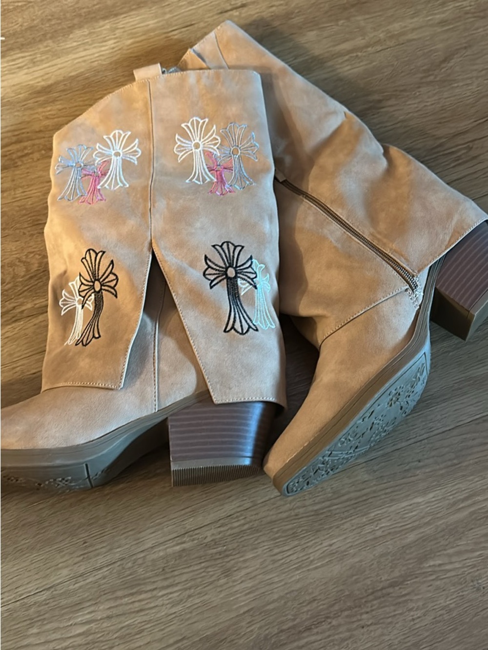 Hawkwell Tan Suede Embroidered Mid-Calf Heeled Boots